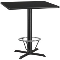 Flash Furniture XU-BLKTB-4242-T3333B-4CFR-GG 42'' Square Black Laminate Table Top with 33'' x 33'' Bar Height Table Base and Foot Ring 